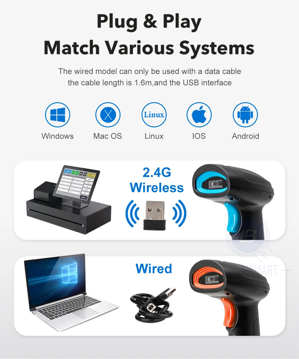 1D 2D Barcode Scanner - Wireless Bluetooth & Wired Bar Code Reader