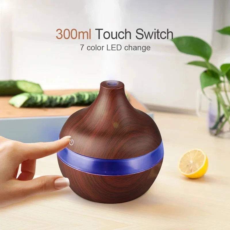300ml Ultrasonic Humidifier - Wood Aroma Diffuser & Essential Oil Diffuser