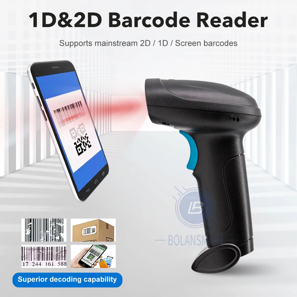 1D 2D Barcode Scanner - Wireless Bluetooth & Wired Bar Code Reader