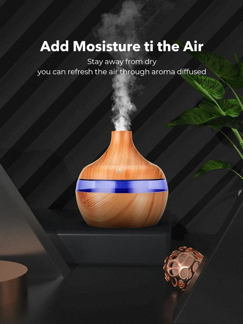 300ml Ultrasonic Humidifier - Wood Aroma Diffuser & Essential Oil Diffuser