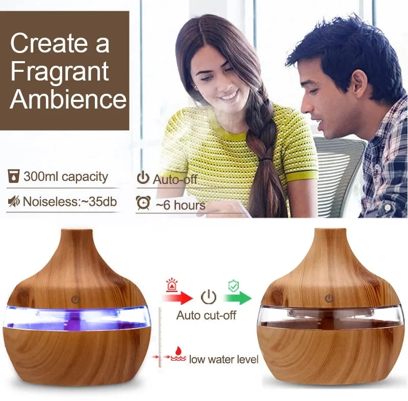 300ml Ultrasonic Humidifier - Wood Aroma Diffuser & Essential Oil Diffuser