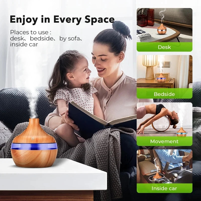 300ml Ultrasonic Humidifier - Wood Aroma Diffuser & Essential Oil Diffuser