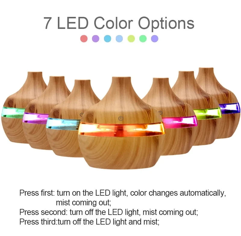 300ml Ultrasonic Humidifier - Wood Aroma Diffuser & Essential Oil Diffuser