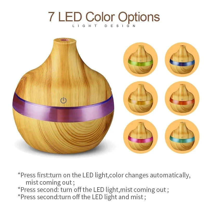300ml Ultrasonic Humidifier - Wood Aroma Diffuser & Essential Oil Diffuser