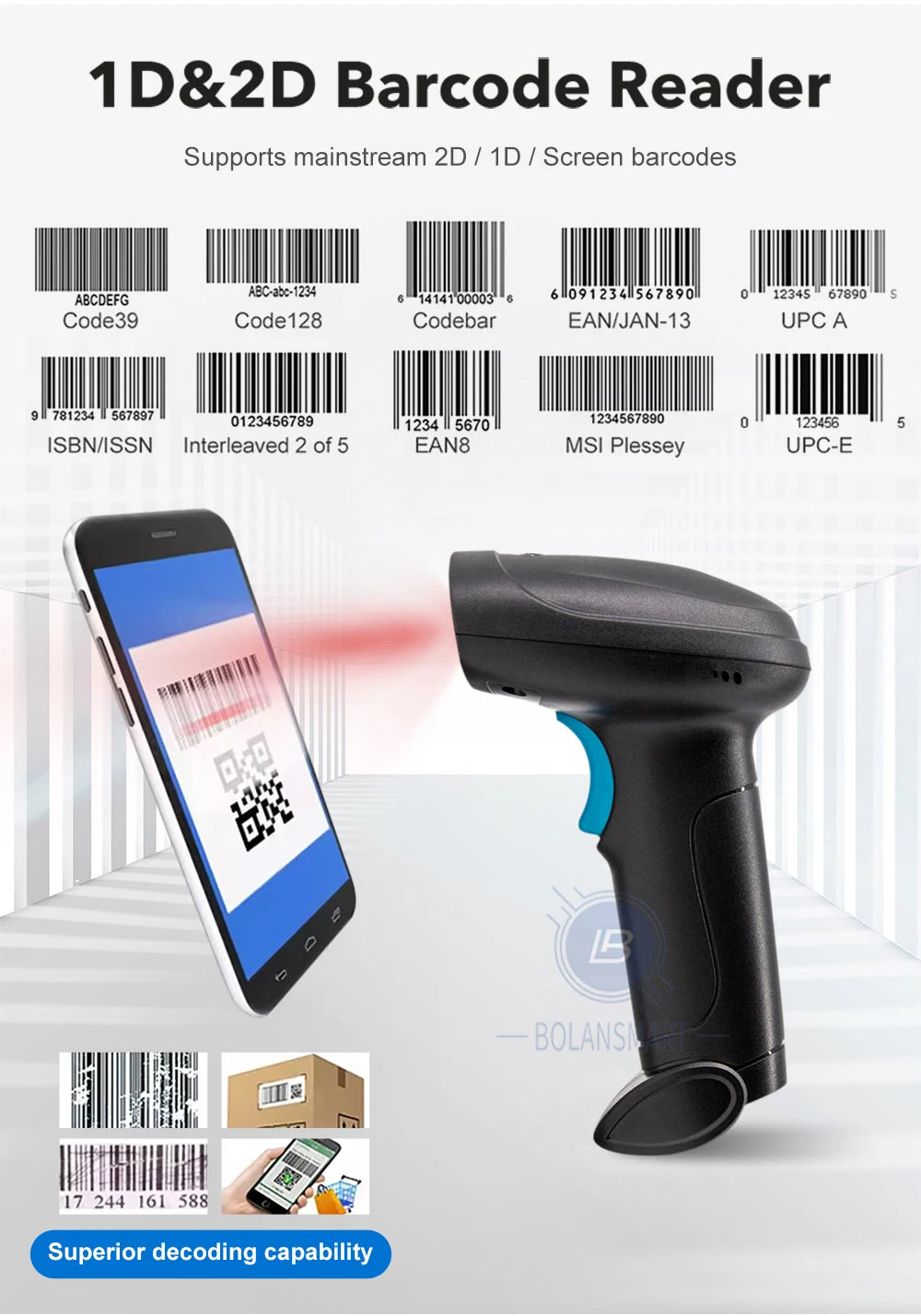 1D 2D Barcode Scanner - Wireless Bluetooth & Wired Bar Code Reader