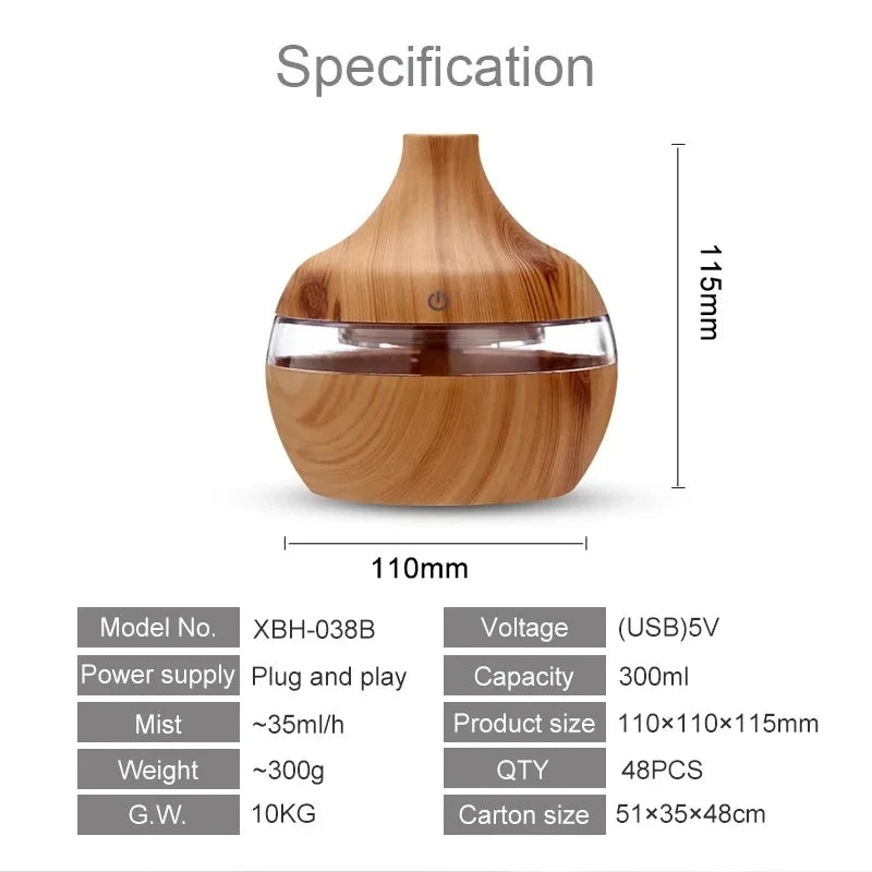 300ml Ultrasonic Humidifier - Wood Aroma Diffuser & Essential Oil Diffuser