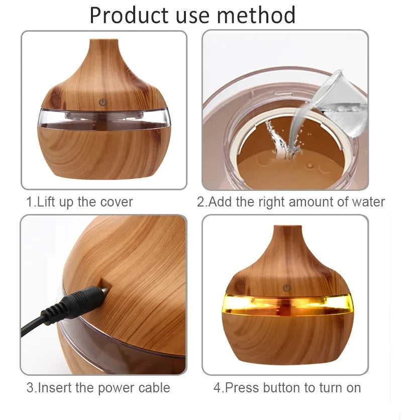 300ml Ultrasonic Humidifier - Wood Aroma Diffuser & Essential Oil Diffuser