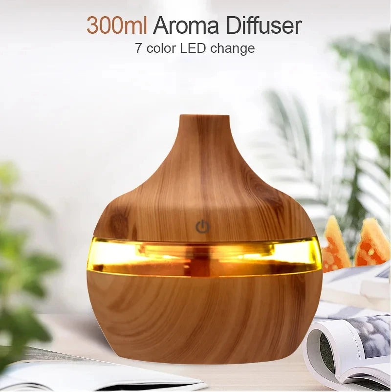 300ml Ultrasonic Humidifier - Wood Aroma Diffuser & Essential Oil Diffuser