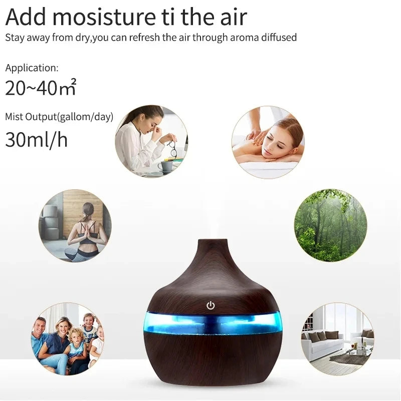 300ml Ultrasonic Humidifier - Wood Aroma Diffuser & Essential Oil Diffuser