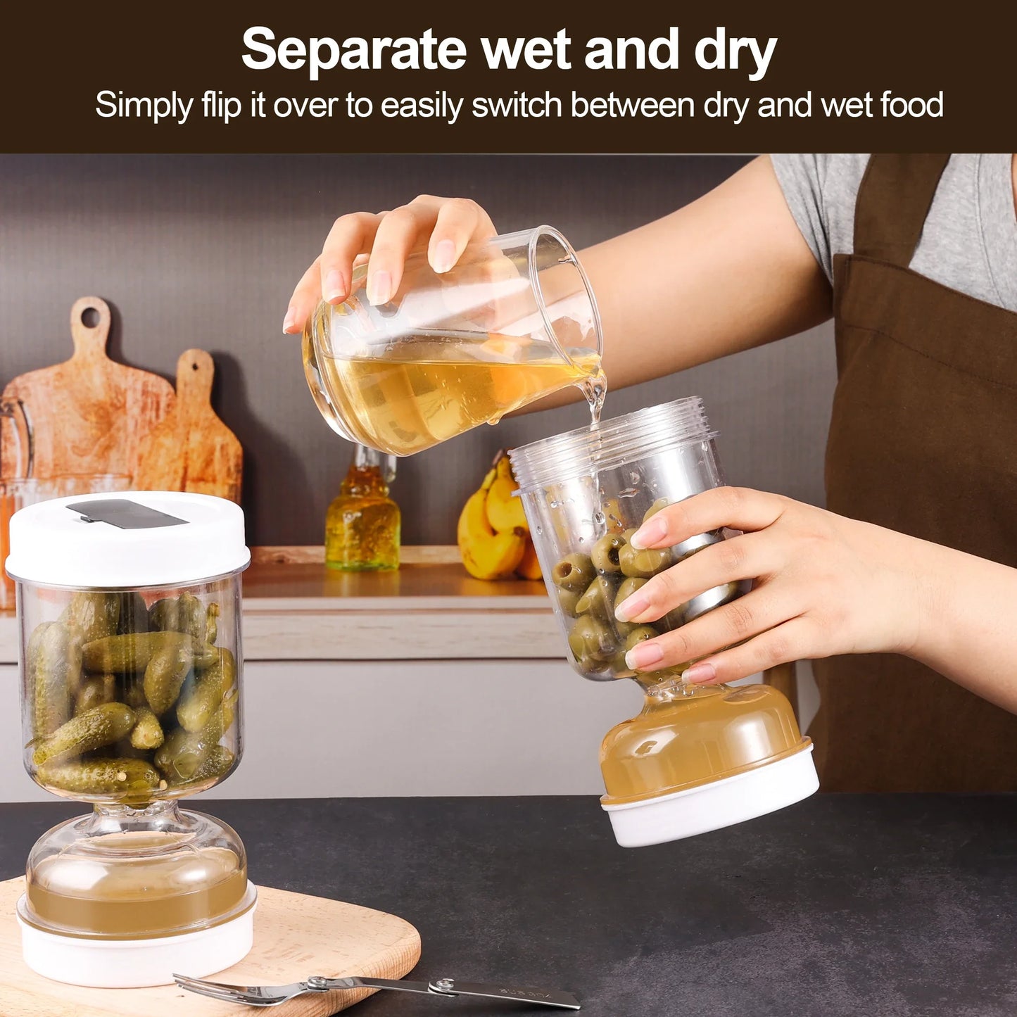 Flippable Olive Pickle Strainer Jar - Mess-Free Kitchen Storage