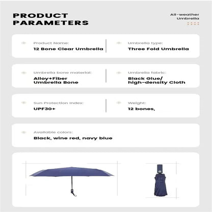 12 Bone Automatic Umbrella - UV Resistant Three Fold Umbrella