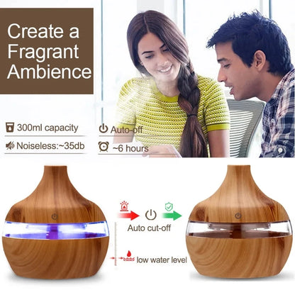 300ml Ultrasonic Humidifier - Wood Aroma Diffuser & Essential Oil Diffuser
