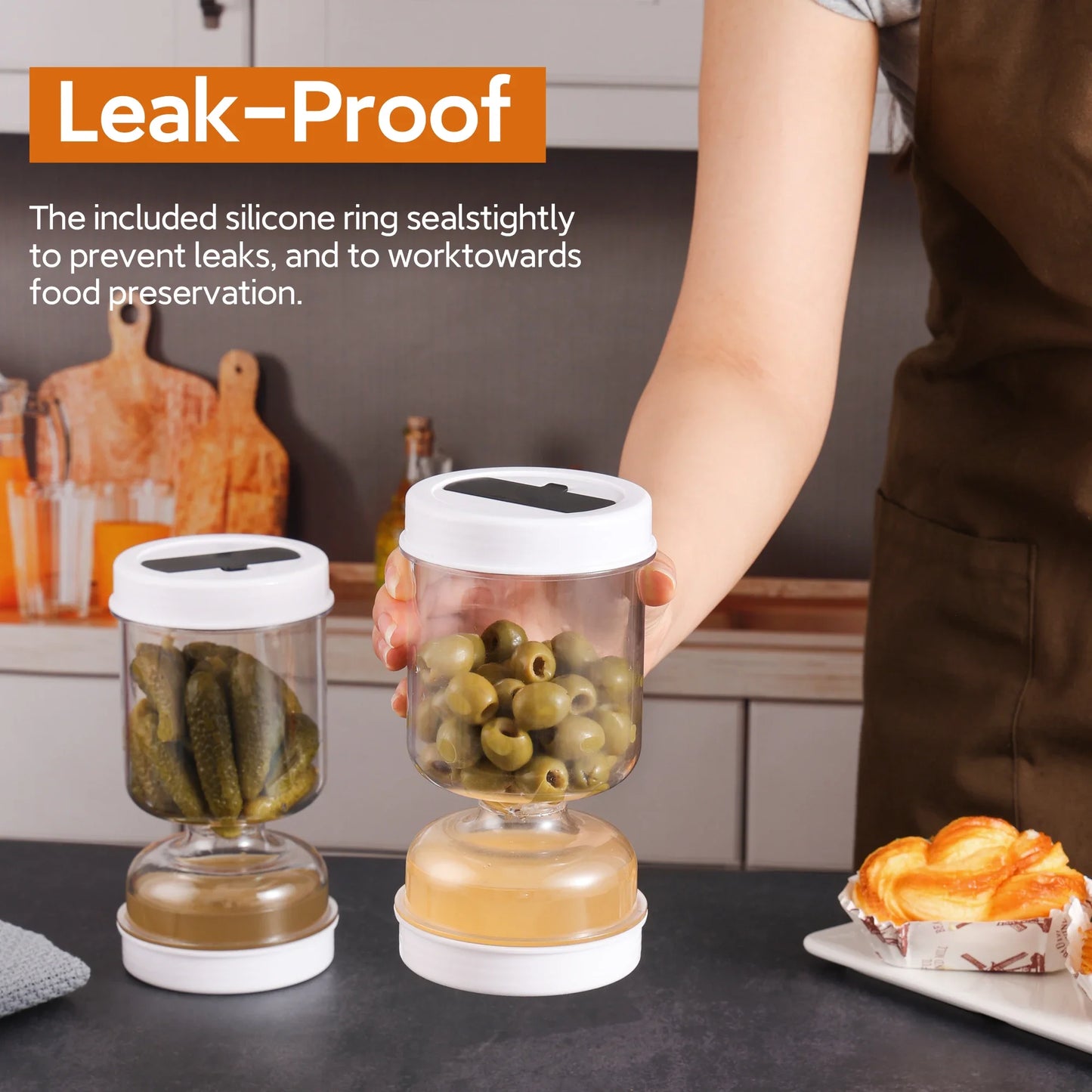 Flippable Olive Pickle Strainer Jar - Mess-Free Kitchen Storage
